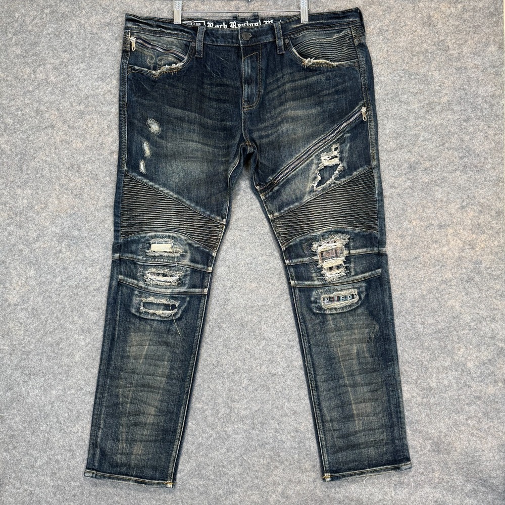 Rock Revival Moto Jezek Jeans Mens 40 40x32 Slim Straight Biker Distressed Blue‎